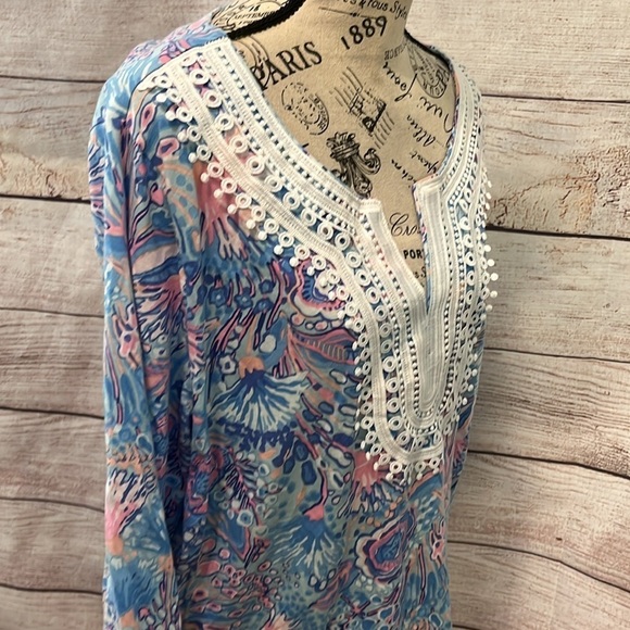 Talbots Floral Lace Trim Tunic Top Size 2X Pima Cotton 3/4 Sleeves - Picture 4 of 8